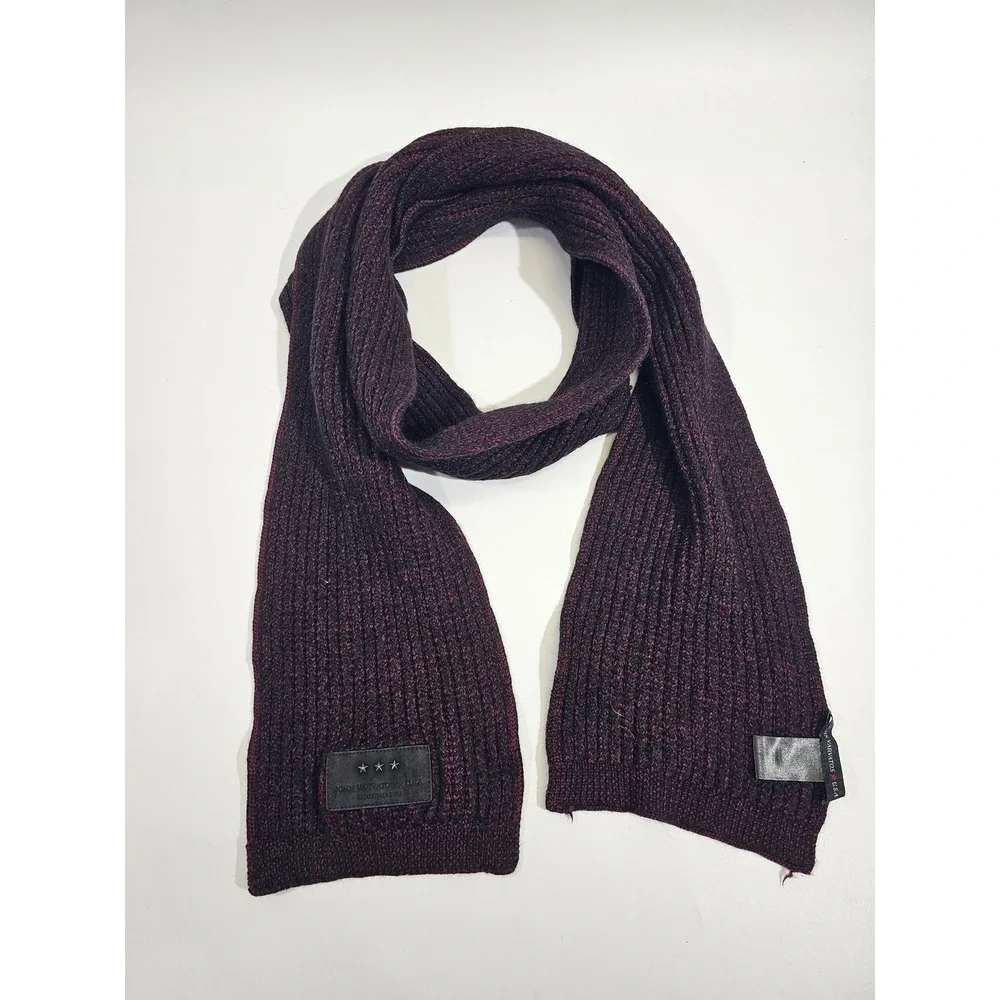 John Varvatos USA Scarf Mens OS Burgundy Merino Wool Ribbed Knit Leather Patch